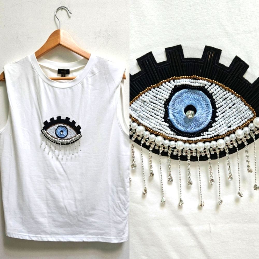 Evil Eye Applique White Muscle Top Size L Rhinestones Mystical Shoulder Pads